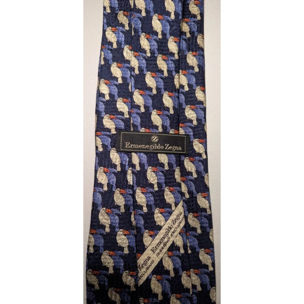 Ermenegildo Zegna Blue Toucan Silk Tie Made n Italy Luxury Designer Novelty Bird